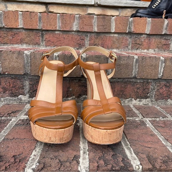Michael Michael Kors Brown Leather Strappy Cork Heeled Platform Sandals Size 11M - Picture 6 of 15